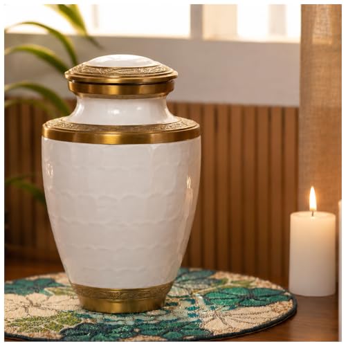 Urn Human Ashes Adult Male/Female,Creamation Urn for Human Ashes Adult Man/Women,200+ Cubic inch Capacity,Decorative Burial Urn, Funeral Cremation Urns_ Trinity 10x6.5 Pearl White Gold
