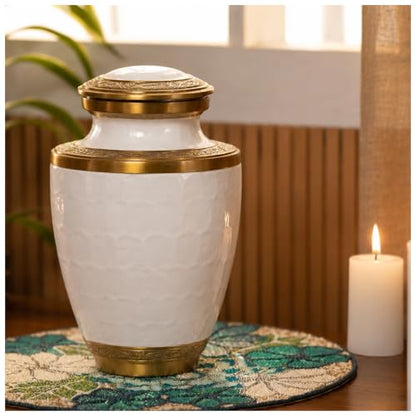 Urn Human Ashes Adult Male/Female,Creamation Urn for Human Ashes Adult Man/Women,200+ Cubic inch Capacity,Decorative Burial Urn, Funeral Cremation Urns_ Trinity 10x6.5 Pearl White Gold