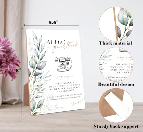 Greenery Wooden Wedding Sign, Audio Guestbook Sign, Floral Bridal Shower with Stand, Wedding Table for Reception, Engagement, Anniversary Event and Bachelorette Party Night, 17 - color: Audio Guestbook Sign-17