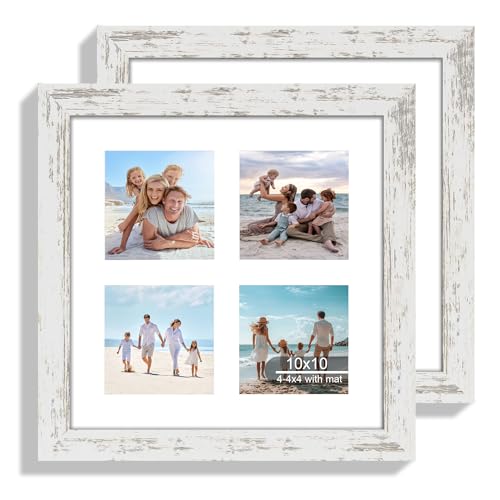 Hongkee 10x10 Picture Frame Set of 2, Collage Four 4x4 with Mat, Real Glass - color: Distressed White, size: 10x10 in matted to 4-4x4