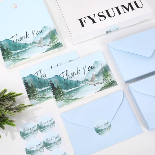 FYSUIMU 50Pcs Funeral Thank You Cards Watercolor Mountain Sympathy Cards with Message Bereavement and Envelopes & Matching Stickers for Funeral Family Loved Ones Celebration of Life