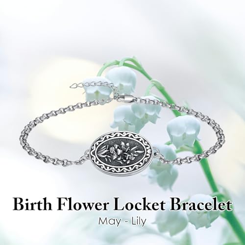 Birth Flower Photo Locket Bracelet 925 Sterling Silver 12 Month Locket Bracelet with Picture Birth Flower Photo Jewelry Gifts for Women Mother Mom Daughter - style: 05-May-Lily-Custom