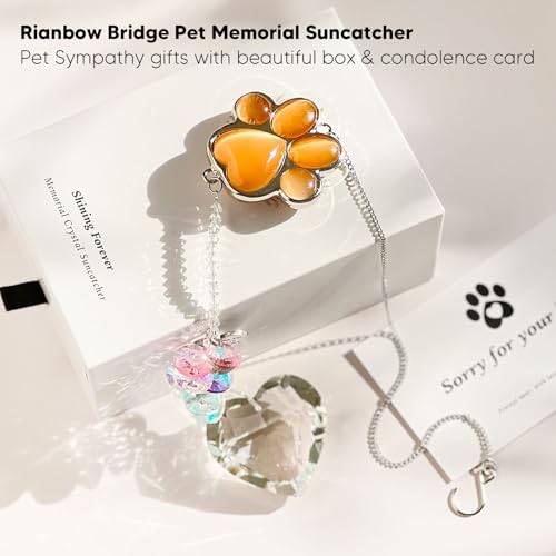 Dog Memorial Gifts, Pet Memorial Suncatcher, Loss of Dog Sympathy Gift | Thoughtful Dogs and Cats Bereavement Remembrance Gifts, Natural Cat's Eye Stone Paw Crystal Suncatcher - color: Orange Red