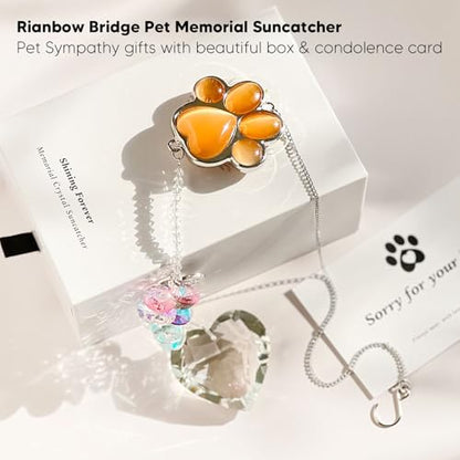 Dog Memorial Gifts, Pet Memorial Suncatcher, Loss of Dog Sympathy Gift | Thoughtful Dogs and Cats Bereavement Remembrance Gifts, Natural Cat's Eye Stone Paw Crystal Suncatcher - color: Orange Red