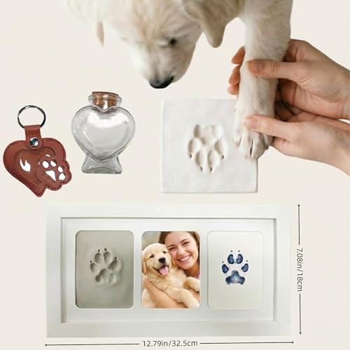 White Pet Paw Print Keepsake Photo Frame, Mess-Free 3-Panel Wooden Pet Loss Memorial Kit for Dog & Cat - color: white