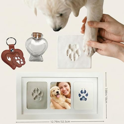 White Pet Paw Print Keepsake Photo Frame, Mess-Free 3-Panel Wooden Pet Loss Memorial Kit for Dog & Cat - color: white