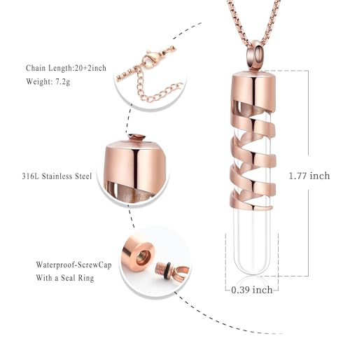 Oinsi Clear Glass Tube Cremation Urn Jewelry Ashes Holder Necklace Keepsake Memorial Pendant Including Box/Fill Kits - color: Rose Gold (Angel wing)