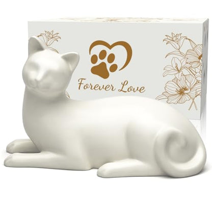 Lying Cat Urns for Ashes White Ceramic Pet Memorial Cremation, White | Includes Memorial Card, Waterproof Bag, Drawstring Pouch and Padding, Keepsake Urn for Loss of Beloved Cat, Remembrance Gift