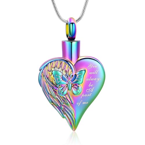 Love Heart Cremation Jewelry Urn Necklaces Butterfly Urn Necklaces for Ashes Memorial Keepsake Pendant for Women Men Gifts With Funnel Kit & Bag - color: Rainbow