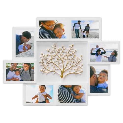 J.M.Deco 8 Opening Collage Picture Frames for Wall Decor, 4x6 Photo Frame with Tree Decor, Family Tree Collage Picture Frame for Wall, White & Gold - color: Tree/ White & Gold