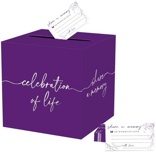 QISOLIY Purple Silver Celebration of Life Card Box Share a Memory Box, for Memorial Service Remembrance Table Decor Weddings Retirements, Sympathy (50Pcs Cards) - color: Purple Silver