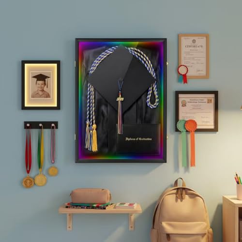 IHEIPYE Large Black Graduation Shadow Box Frame with LED Lights | Wall Mounted Lockable, UV-Protective Door, Keepsake Display Case, Holds Cap, Gown, Diploma, Tassel, Medals - size: LargeLED-Black