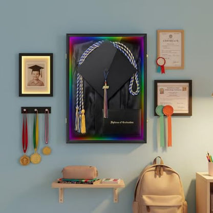 IHEIPYE Large Black Graduation Shadow Box Frame with LED Lights | Wall Mounted Lockable, UV-Protective Door, Keepsake Display Case, Holds Cap, Gown, Diploma, Tassel, Medals - size: LargeLED-Black