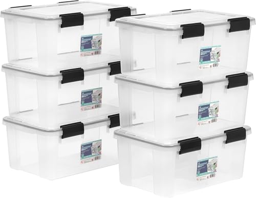 IRIS USA 6-Pack 19 Qt Storage Bins with Gasket Lids, Clear/Black | WeatherPro seal protects shoes, crafts, documents and supplies from dust and moisture - size: 19 Qt, style: 6 Pack