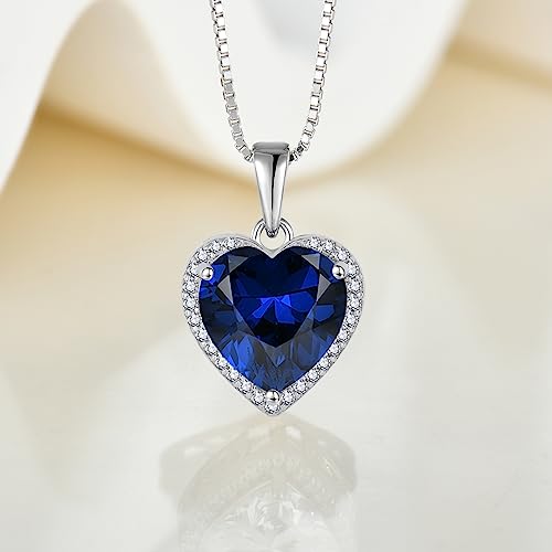 925 Sterling Silver Halo Heart Necklace for Women | Lwsary Love Heart Necklace, Heart Cut Birthstone Jewelry for Her - color: Deep Blue