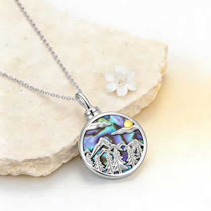 Urn Necklace for Women Sterling Silver Meaningful Memorial Jewelry | Paw Print/Butterfly/Dragonfly/Bird/Dolphin/Mountain/Tree of Life Urn Necklace for Ashes Cremation Keepsake Jewelry for Women - style: Abalone-Mountain range