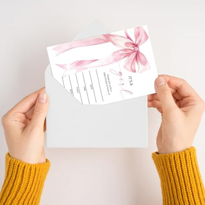 Pink Bow Baby Shower Invitations for Girls, Baby Announcement Invite Cards, 25 Set of Fill-in Baby Shower Invites with Envelopes, Gender Reveal Party Supplies -B03 - color: Pink Bow-02