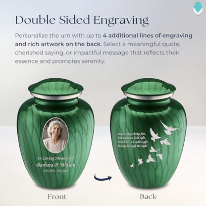 Geturns Embrace Adult Personalized Doves Cremation Urns for Human Ashes I Large Picture Pearl Green Funeral Urn for Adult Men and Women with Double Side Engraving I 200 lbs - color: _Pearl Green (Double Sided)