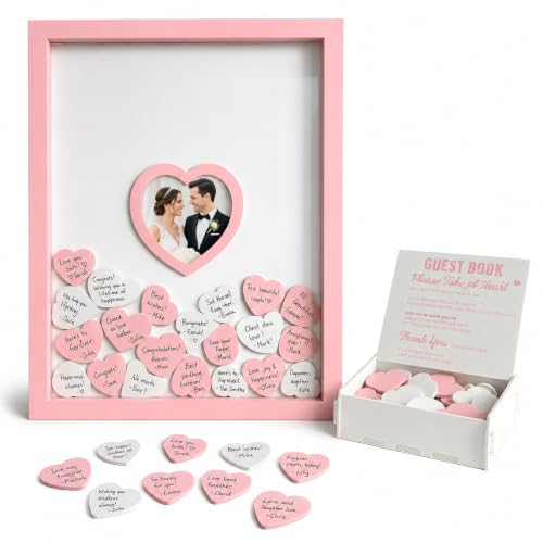 Wedding Guest Book Alternative for Reception with Hearts Guest Book Wedding Reception a Frame Sign Decor Books Recuerdos para Boda Baby Scrapbook Wooden Frames (Pink) - color: Pink