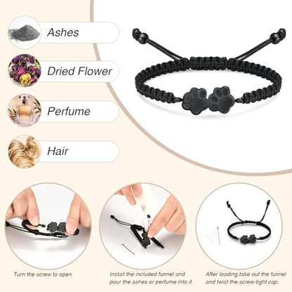 Oinsi Pet Cremation Bracelet for Ashes Dog Cat Paw Urn Pendant Bangle Adjustable Rope Memorial Urn Bracelet for Women Men Stainless Steel Keepsake -Black - color: D-Black