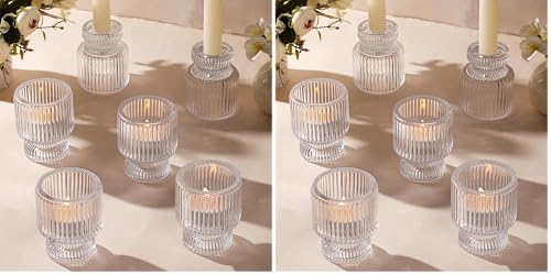 6 Pcs Clear Glass Candlestick Holders with Vertical Stripes - Dual-Use for Taper Candles & Votive/Tea Lights, Taper Candle Holders for Dining Table, Wedding, Home, Party Decor, Gifts (Pack of 2) - color: Clear, size: 6Pcs (Pack of 2)