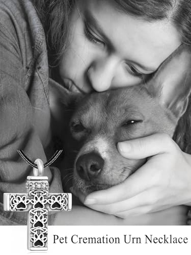 Dreamboat Pet Urn Necklace for Dog Cat Ashes 925 Sterling Silver Paw Print Cremation Keepsake Pendant Celtic Knot Memorial Jewelry Gifts for Women Men - style: 02A-Cross (Silver)