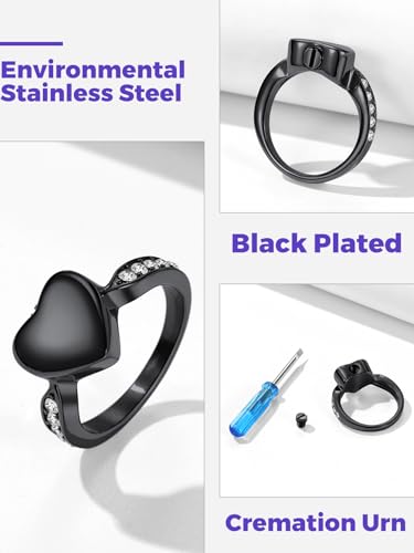 Richsteel Stainless Steel Heart/Claddagh Cremation Urn Ring for Ashes - color: 03-Black-Heart