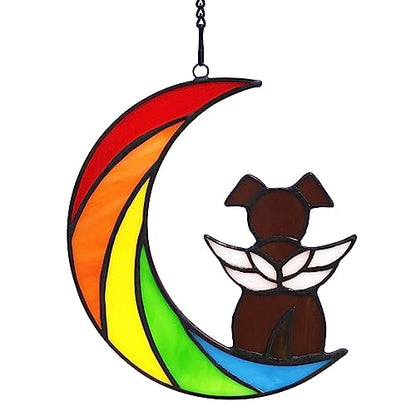 Stained Glass Rainbow Bridge Brown Dog Memorial Gifts for Loss of Dog Sympathy Remembrance Suncatcher, Thoughtful Pet Loss Bereavement Gifts in Memory of Pet Passing Away Window Hanging. - color: Rainbow - R