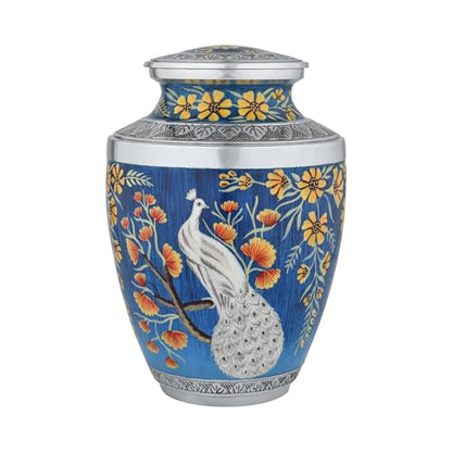 Elegant Peacock Cremation Urn for Human Ashes Adult – Blue Floral Memorial Urn for Men & Women, Handcrafted Metal Funeral Urn, Secure Lid, 200 Cubic Inches - size: 10.1 Inch