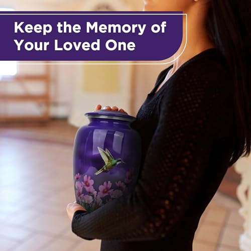 Cremation Urn for Human Ashes Adult Male Female – Large 200 lb Capacity Hummingbird Funeral Urn by ITEMANDCO, Handcrafted Aluminum Memorial Burial Urn, Purple - color: Purple