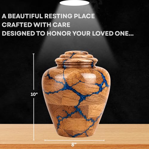 Wooden Cremation Urn for Human Ashes Adult Male Urn for Ashes for Women and Man, Adult Size Decorative urn. Burial and Funeral Urn Large 200 Cu in Resin Inlay. - size: Large 200 Cu In Blue Fractal