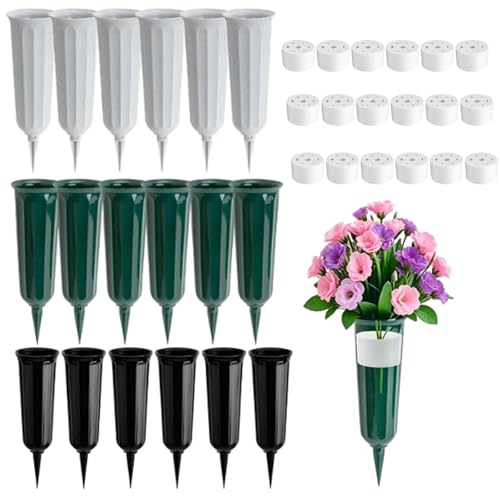 18 Pack Cemetery Vases with Spikes - Plastic Grave Flower Holders with 18pcs Floral Bouquet Holders, 3 Colors Memorial Floral Vases for Fresh/Artificial Flowers, Grave Decorations for Cemetery
