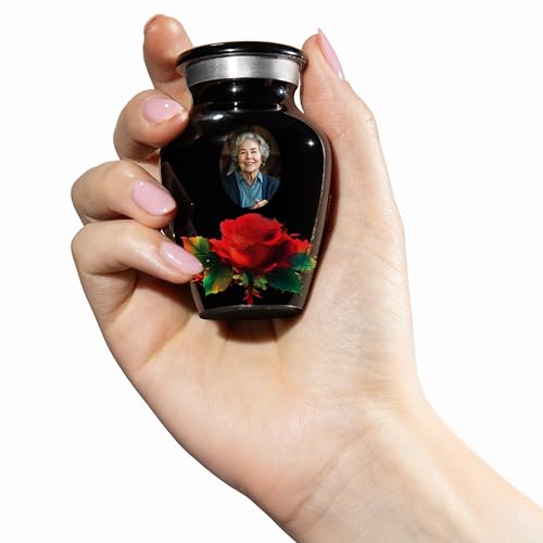 Custom Photo Urn with Rose Design – Personalized Mini Keepsake Urn for Human Ashes – Add Picture & Text – Small Memorial Urn with Red Flower, Velvet Bag, Funnel & Box – Made in USA - color: Custom Photo - Black, size: Small