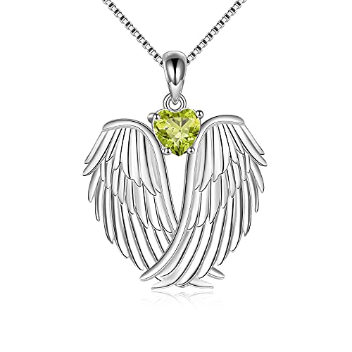 YFN Angel Wings Necklace 925 Sterling Silver Guardian Angel Wings Pendant Necklace Birthstone Necklace for Women Girls Christmas Jewelry Gifts - color: August wings