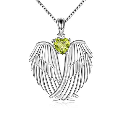 YFN Angel Wings Necklace 925 Sterling Silver Guardian Angel Wings Pendant Necklace Birthstone Necklace for Women Girls Christmas Jewelry Gifts - color: August wings