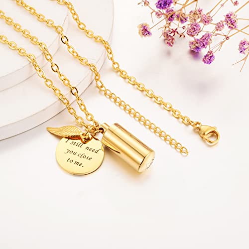 abooxiu Cylinder Urn Necklace for Ashes Cremation Jewelry/Keychain for human Pet Stainless Steel Memorial Keepsake Pendant with Angel Wing Charm Ashes - color: Gold-s