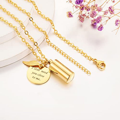 abooxiu Cylinder Urn Necklace for Ashes Cremation Jewelry/Keychain for human Pet Stainless Steel Memorial Keepsake Pendant with Angel Wing Charm Ashes - color: Gold-s