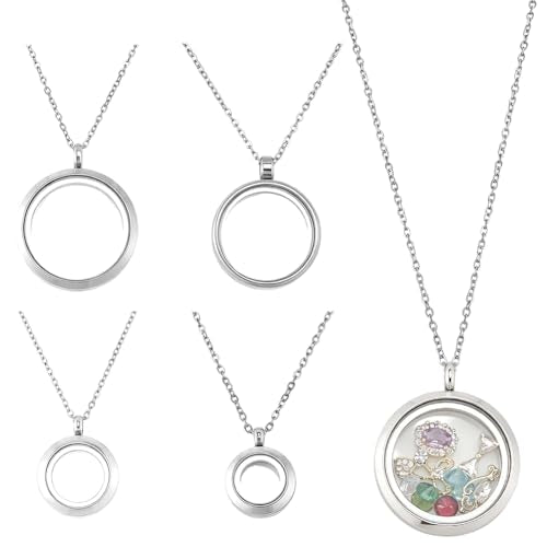 4 Size 8Pcs 4 Sets Stainless Steel Locket Pendant Necklace Silver Clear Locket Pendant Bulk Glass Round Floating Living Memory Charms Keepsake Photo Necklace for Women Friendship Nostalgic - style: 4 sizes silver