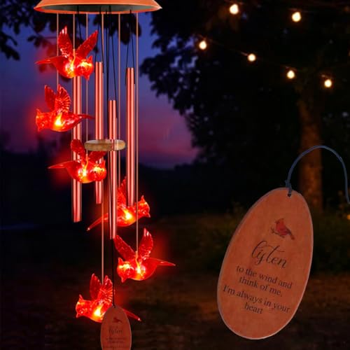 Solar Cardinal Wind Chimes Outdoor Solar Light,Cardinal Memorial Wind Chime | Red Bird Windchimes Outdoors Waterproof Hanging Decorations for Garden Patio, Gifts for Women Mom Grandma Birthday