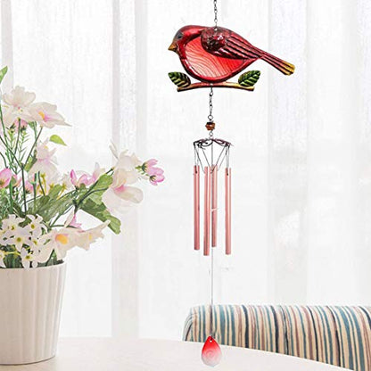Evealyn Outdoor Red Cardinal Bird Wind Chimes, Indoor Stained Glass Metal Tubes Music Beautiful Windchimes Hanging for Room,Balcony,Window, Garden,Yard, Patio,Lawn Creative Home Decoration (Red)