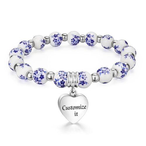 XIUDA Heart Cremation Memorial Urn Bracelet 316L Stainless Steel Keepsake Jewelry Urn Bracelet for Ashes for Women-With Me Always - style: Blue Flower, Engraved