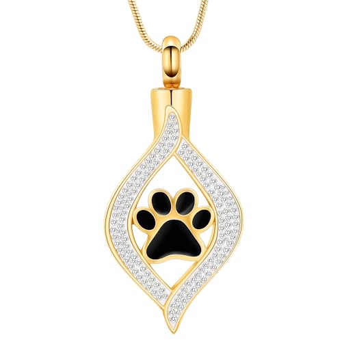 The Eye of My Heart Paw Print Urn Necklace for Ashes | stainless steel cremation jewelry, holds pet human ashes, paw print memorial urn pendant, leak-proof sealed design, unisex - color: Gold