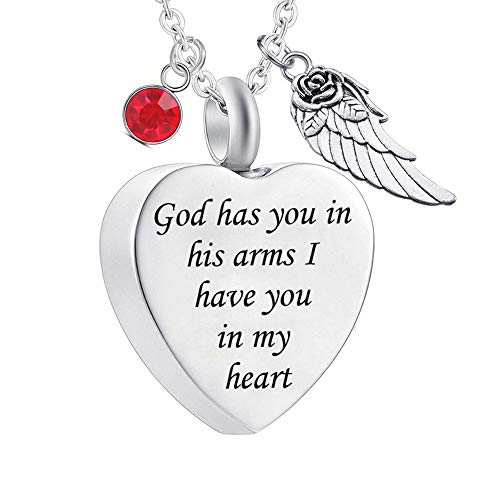 God has You in his arms with Angel Wing Charm Cremation Ashes Jewelry Keepsake Memorial Urn Necklace with Birthstone Crystal - color: July