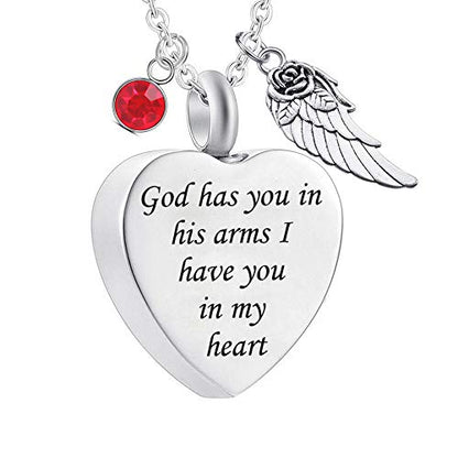 God has You in his arms with Angel Wing Charm Cremation Ashes Jewelry Keepsake Memorial Urn Necklace with Birthstone Crystal - color: July