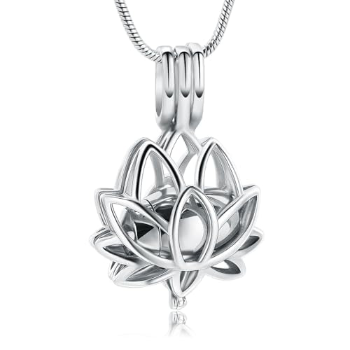 Cremation Jewelry for Ashes Pendant - Lotus Urn Necklace with Mini Keepsake Urn Memorial Ash Jewelry For Women Men - color: Silver