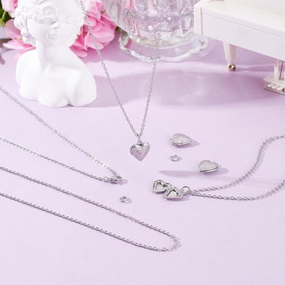 4 Sets Heart Locket Necklace Stainless Steel Photo Locket Pendant Love Shape Memory Charms Metal Heart Photo Frame Pendants for Valentine Gifts Necklace Jewelry Making