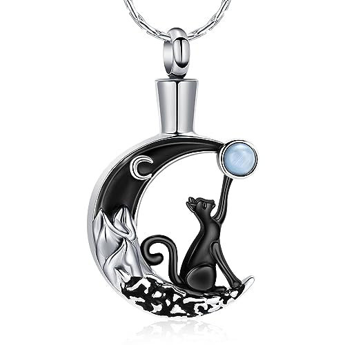 constantlife Cat Moon Urn Necklace for Women Pet Cremation Jewelry for Ashes Stainless Steel Pendant Funeral Keepsake Loved Ones Memorial Gift - color: Black