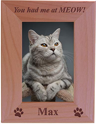 You had me at MEOW! - Custom Engraved Wood Picture Frame - Add your cats name (4x6 Vertical) - size: 4x6 Vertical