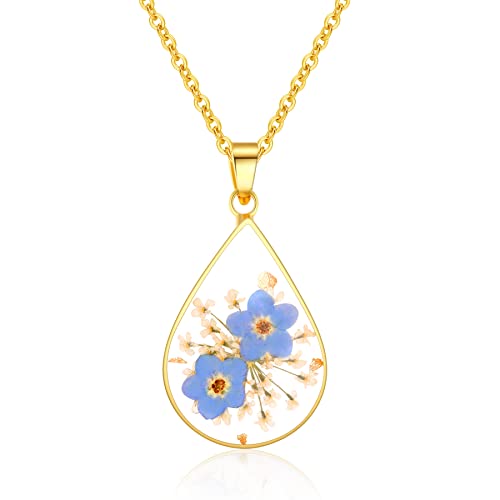 AUNTESIGN Forget-Me-Not and Queen Anne's Lace Pressed Wildflower Necklace | Birth Month Flowers Necklace | Gold/Silver Pressed Flower Jewelry | Mother's Day | Gift For Her - color: Teardrop Forget-Me-Not and Queen Anne's Lace Necklace