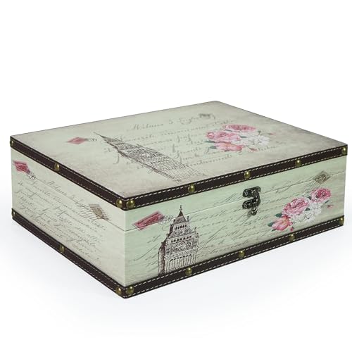 DreamsEden Large Wooden Decorative Box - Vintage Storage Keepsake Memory Chest for Treasures, Jewelry, Photos, Crafts, Romantic Timeless Home Decor - color: Romantic Timeless Style